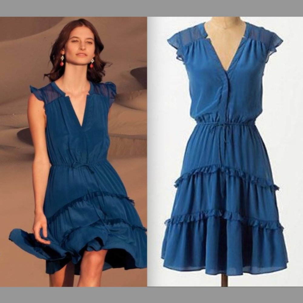 Anthropologie Lil Arched Careena Silk Dress in Blue Size 4 EUC